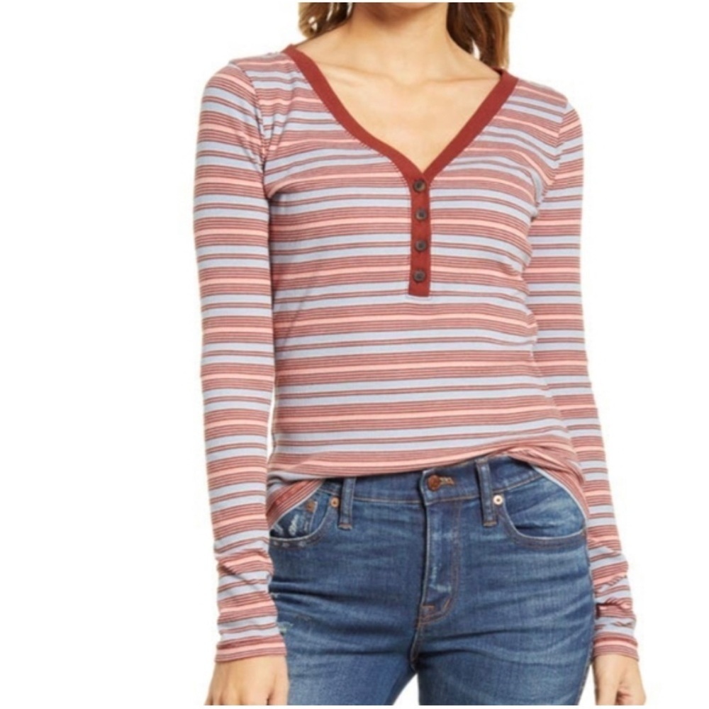 Madewell Fine Ribbed Henley Striped Long Sleeve Top Size XXS